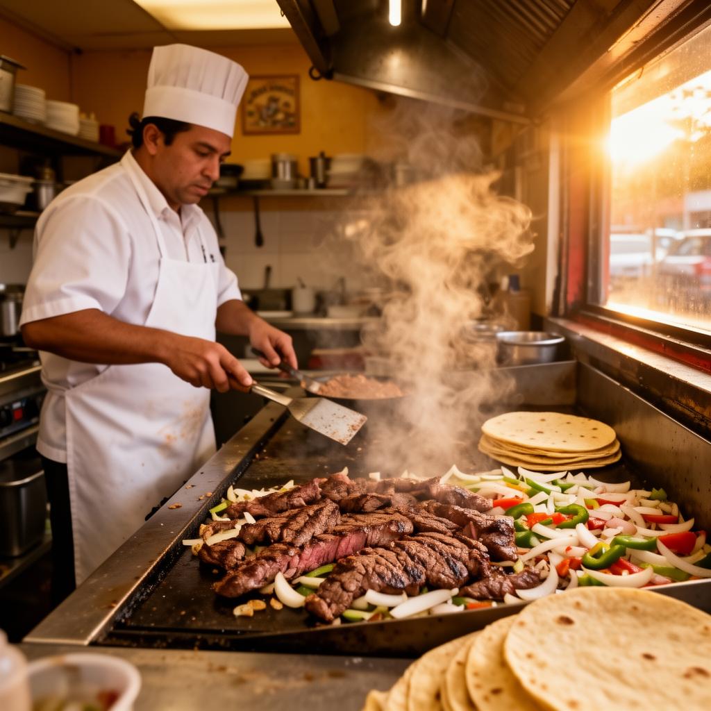 Cook searing carne asada and onions in a Hurst Texas taqueria kitchen