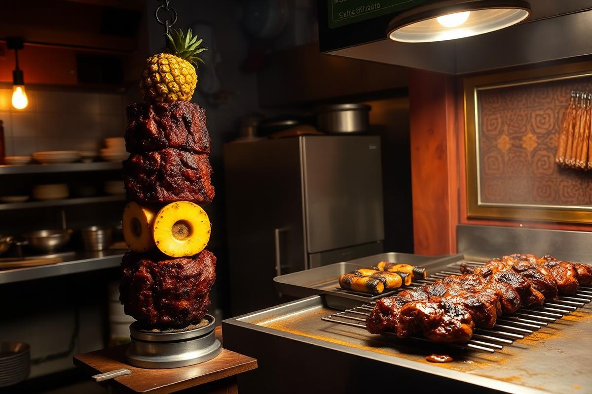 Al pastor marinated pork and carne asada beef cooking in a Mexican taqueria kitchen in Hurst TX