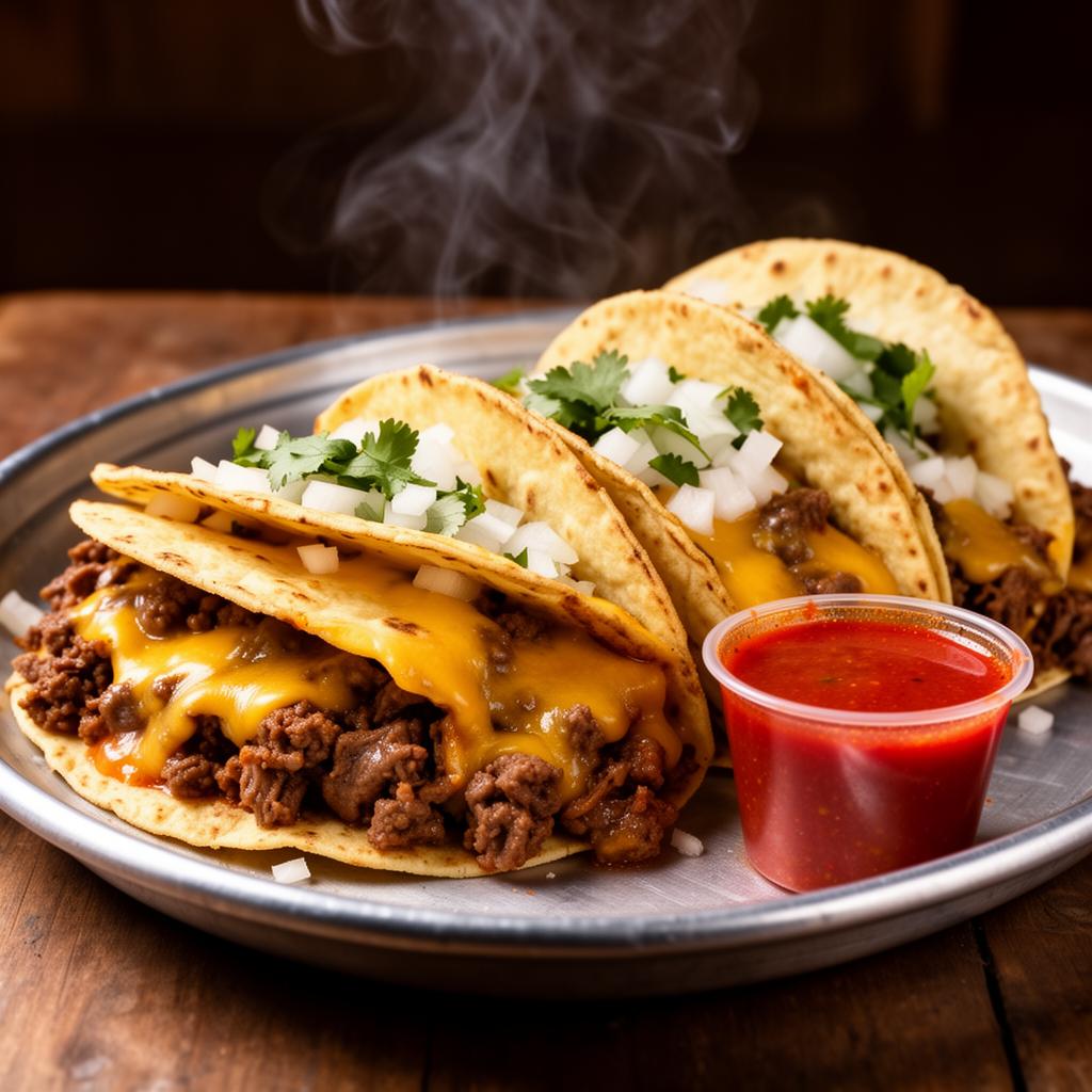 Quesabirria tacos with melted cheese, chopped onion and cilantro served with red consommé for dipping in Hurst TX