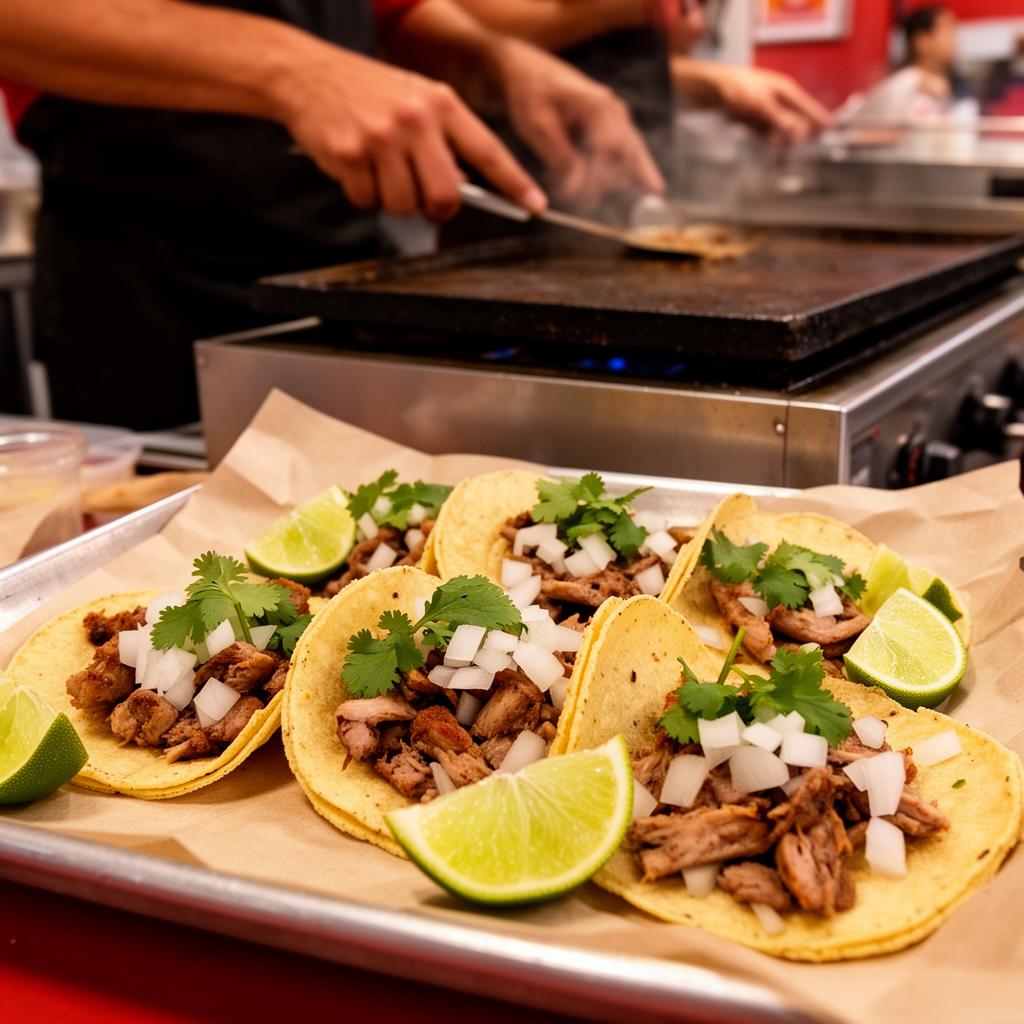 Tray of fresh street tacos at Comal Street Tacos in Hurst TX with cook working in the background