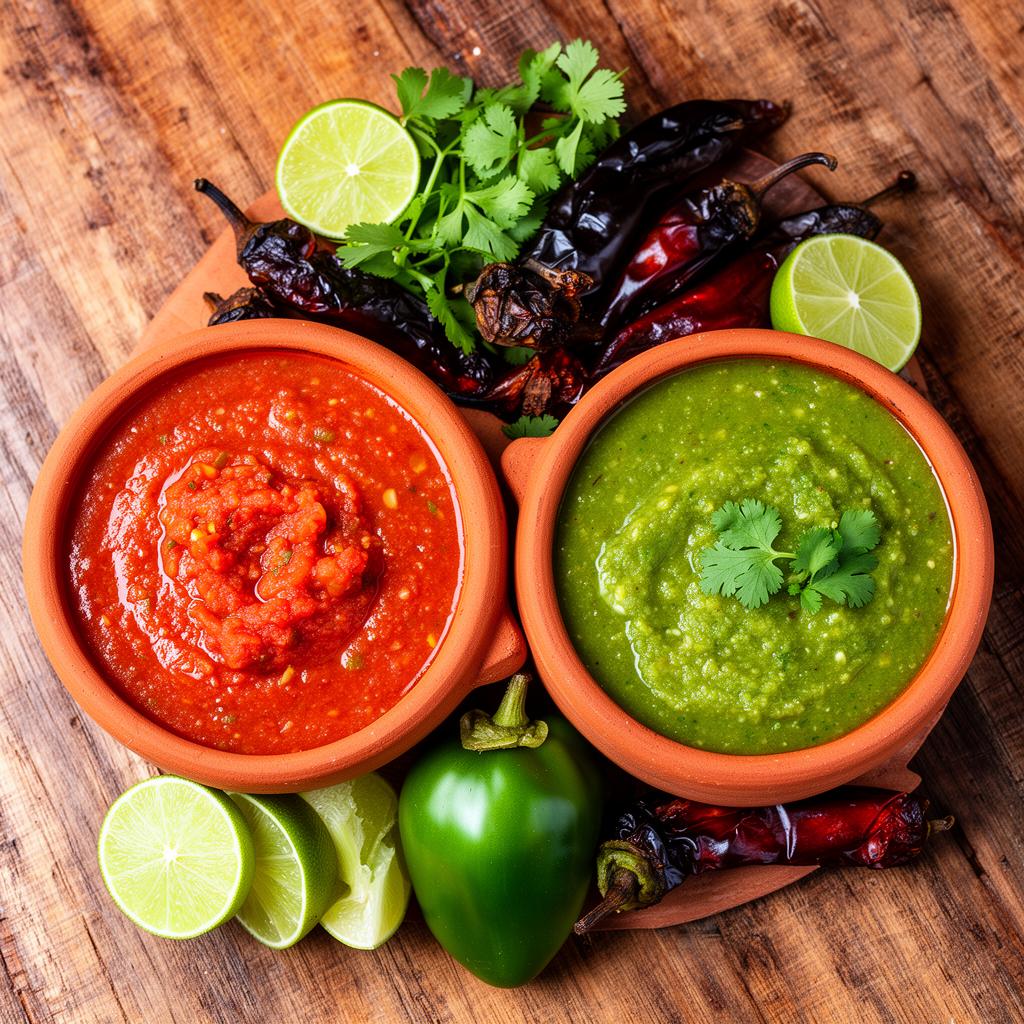 House-made red and green salsas in clay bowls with roasted chiles, lime and cilantro at Comal Street Tacos Hurst TX