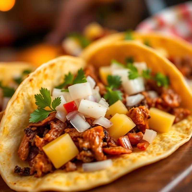 Al pastor street tacos with pineapple, onion and cilantro in Hurst TX
