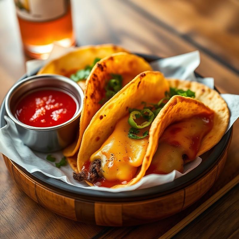 Quesabirria tacos with melted cheese and red consommé for dipping